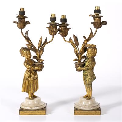 Lot 186 - Pair of Louis XVI ormolu and white marble two light candelabra