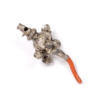 Lot 308 - Silver and coral baby's rattle