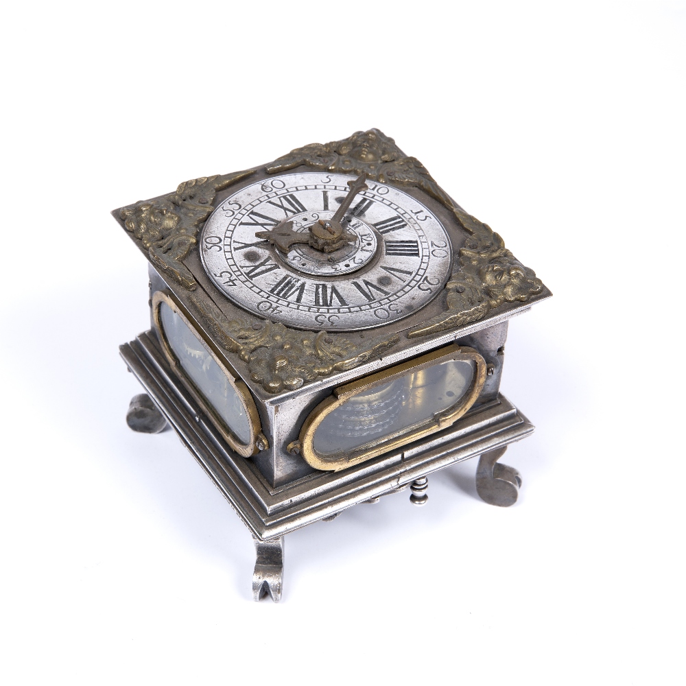 1 - A 16TH CENTURY STYLE SILVERED GERMAN TABLE CLOCK