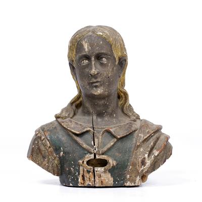 Lot 3 - AN ANTIQUE CONTINENTAL CARVED AND PAINTED WOODEN BUST