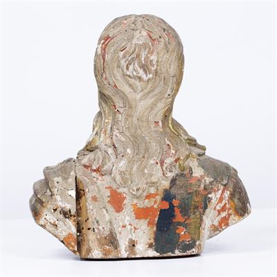 Lot 3 - AN ANTIQUE CONTINENTAL CARVED AND PAINTED WOODEN BUST