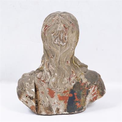 Lot 3 - AN ANTIQUE CONTINENTAL CARVED AND PAINTED WOODEN BUST