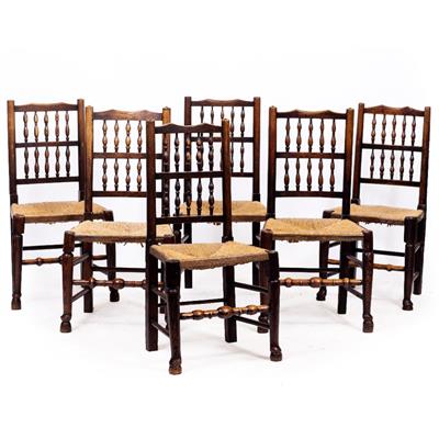 Lot 24 - A SET OF SIX ANTIQUE NORTH COUNTRY RUSH SEATED SPINDLE BACK CHAIRS