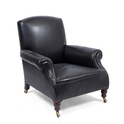 Lot 31 - A VICTORIAN BLACK LEATHER UPHOLSTERED DEEP ARMCHAIR