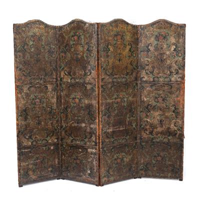 Lot 37 - A 19TH CENTURY PAINTED AND EMBOSSED LEATHER MOUNTED FOUR FOLD SCREEN