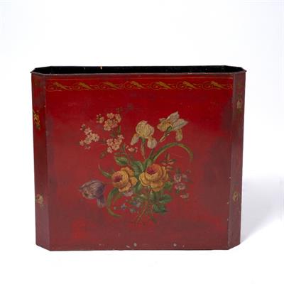 Lot 46 - A RED LACQUERED TOLEWARE FLOWER PAINTED STICK STAND
