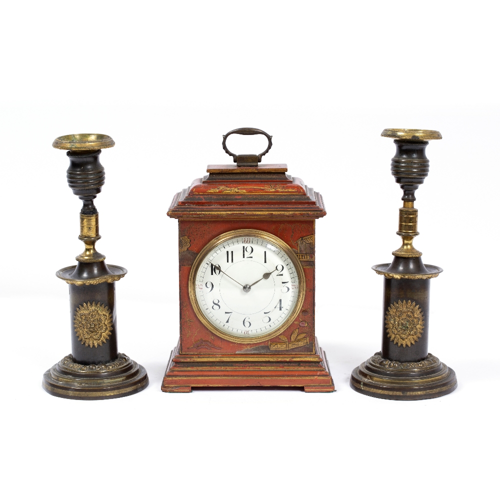 Lot 67 - A GEORGIAN STYLE RED LACQUERED MANTLE TIMEPIECE