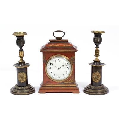 Lot 67 - A GEORGIAN STYLE RED LACQUERED MANTLE TIMEPIECE