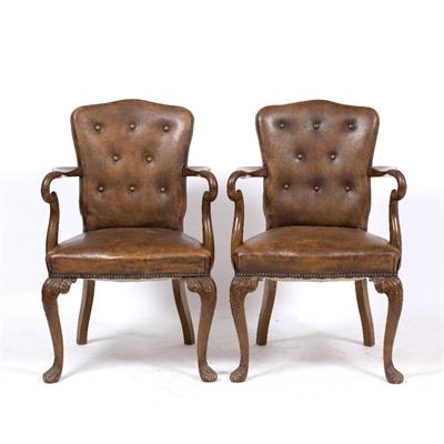 Lot 85 - A PAIR OF GEORGE II STYLE WALNUT BROWN LEATHER UPHOLSTERED OPEN ARMCHAIRS