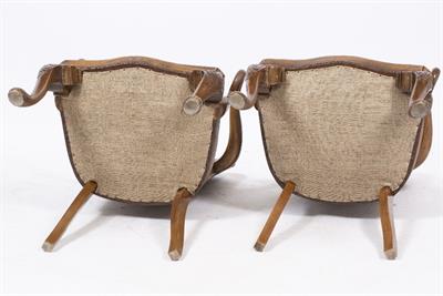 Lot 85 - A PAIR OF GEORGE II STYLE WALNUT BROWN LEATHER UPHOLSTERED OPEN ARMCHAIRS