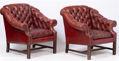 Lot 86 - A PAIR OF RED LEATHER ARMCHAIRS