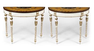 Lot 91 - A PAIR OF GEORGE III STYLE SEMI CIRCULAR CONSOLE TABLES