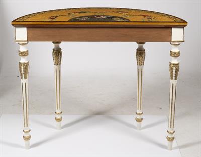 Lot 91 - A PAIR OF GEORGE III STYLE SEMI CIRCULAR CONSOLE TABLES