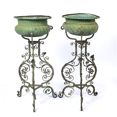 Lot 104 - A PAIR OF EARLY 20TH CENTURY FRENCH PRESSED COPPER JARDINIERES