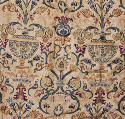 Lot 106 - A PAIR OF LARGE EMBROIDERED SILK INTERLINED CURTAINS