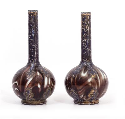 Lot 108 - A PAIR OF LATE 19TH CENTURY FRENCH GLASS AND ENAMEL DECORATED BOTTLE VASES