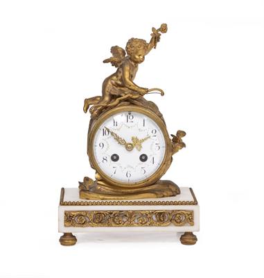 Lot 111 - A LATE 19TH CENTURY FRENCH ORMOLU AND MARBLE MANTLE CLOCK