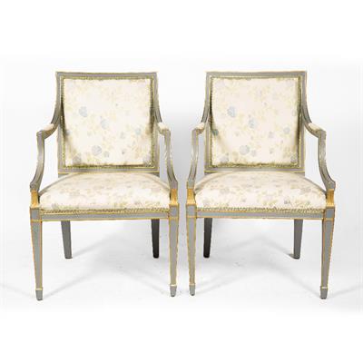 Lot 112 - A PAIR OF 18TH CENTURY FRENCH STYLE GREY PAINTED OPEN ARMCHAIRS