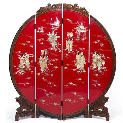 Lot 115 - A JAPANESE STYLE RED LACQUERED MOON SCREEN