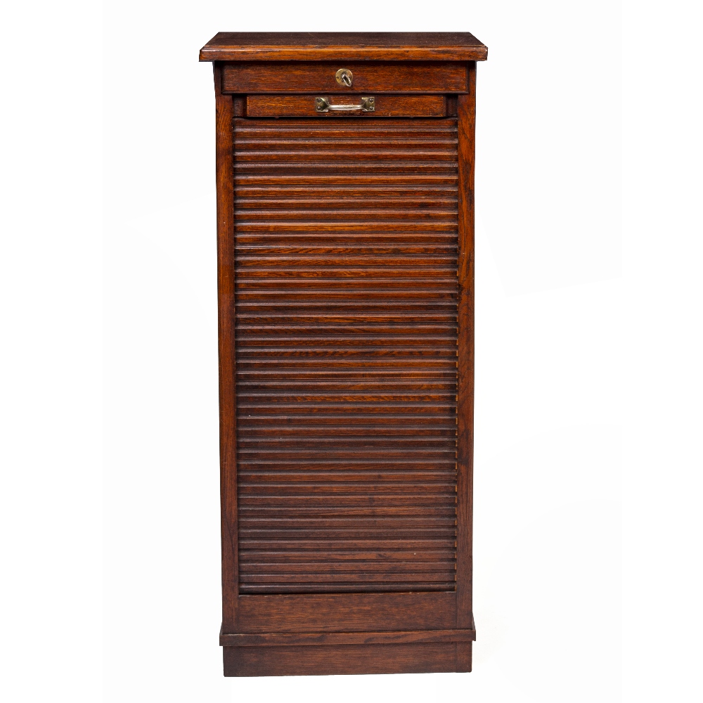 Lot 120 - A LATE VICTORIAN OR EDWARDIAN OAK TAMBOUR FRONTED TALL NARROW FILING CABINET