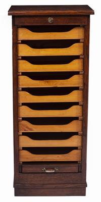 Lot 120 - A LATE VICTORIAN OR EDWARDIAN OAK TAMBOUR FRONTED TALL NARROW FILING CABINET