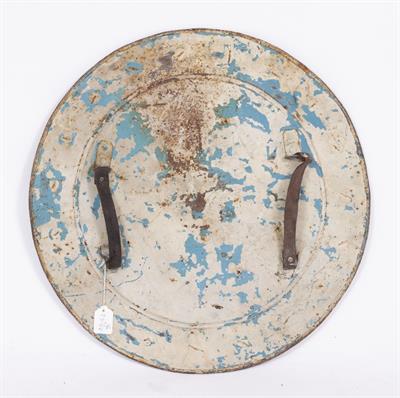 Lot 127 - A 19TH CENTURY TIN AND BRASS GRECIAN STYLE PROP SHIELD