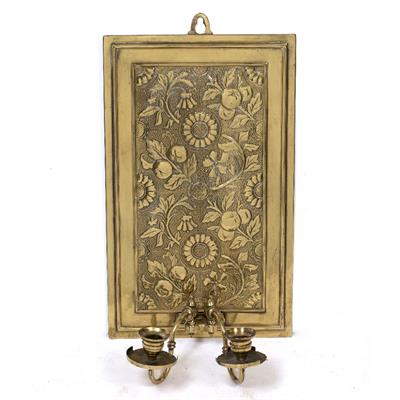 Lot 155 - A THOMAS JECKYLL LATE VICTORIAN BRASS AESTHETIC MOVEMENT TWO BRANCH CANDLE SCONCE