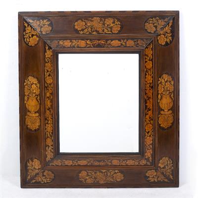 Lot 161 - AN 18TH CENTURY DUTCH STYLE MARQUETRY CUSHION MOULDED RECTANGULAR WALL MIRROR