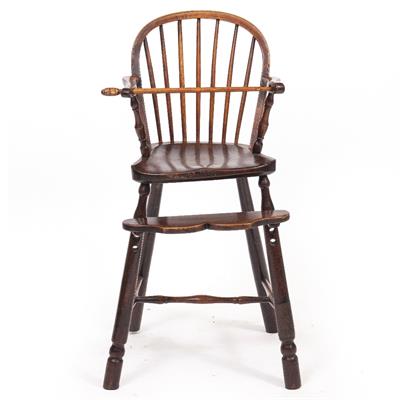 Lot 175 - AN ANTIQUE FRUITWOOD SPINDLE BACK CHILD'S HIGH CHAIR