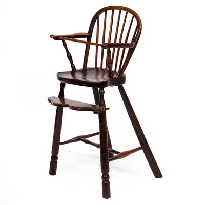 Lot 175 - AN ANTIQUE FRUITWOOD SPINDLE BACK CHILD'S HIGH CHAIR