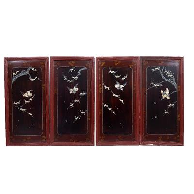 Lot 193 - A SET OF FOUR ORIENTAL LACQUERED MOTHER OF PEARL AND ABALONE SHELL INSET SCREEN PANELS