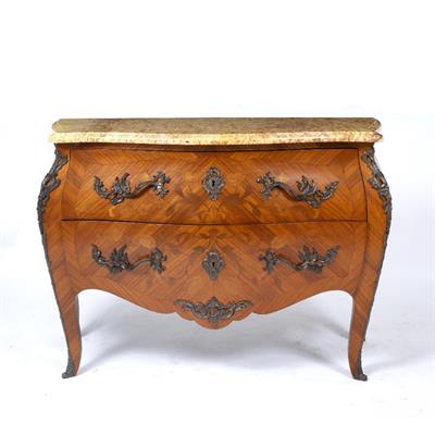 Lot 200 - A 20TH CENTURY FRENCH LOUIS XV STYLE MARBLE TOPPED INLAID MARQUETRY AND TULIP WOOD SERPENTINE SHAPED