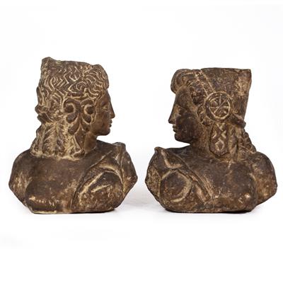 Lot 248 - A PAIR OF ANTIQUE CARVED STONE SCULPTURAL HEADS