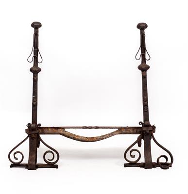 Lot 261 - A PAIR OF 17TH CENTURY WROUGHT IRON FIRE DOGS