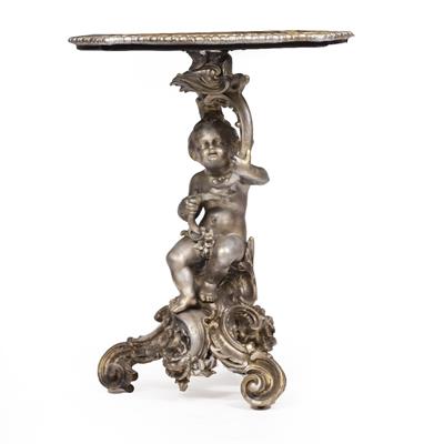 Lot 262 - A CARVED AND GESSO MOULDED SILVER PAINTED TABLE BASE OR STAND