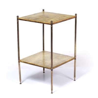 Lot 289 - A TWO TIER SILVERED BRASS AND LEATHER COVERED SQUARE OCCASIONAL TABLE