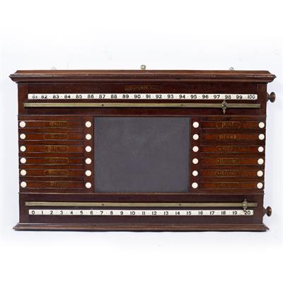 Lot 312 - AN EDWARDIAN MAHOGANY SNOOKER SCORE BOARD