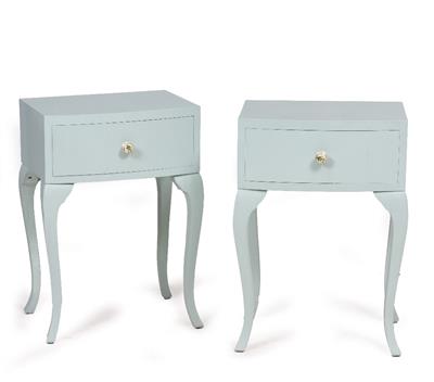 Lot 324 - A PAIR OF GREEN PAINTED BOW FRONTED BEDSIDE TABLES