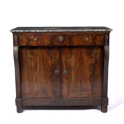 Lot 326 - A 19TH CENTURY CONTINENTAL FLAME MAHOGANY MARBLE TOPPED SIDE CABINET