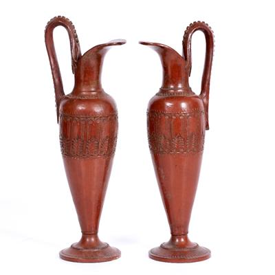 Lot 331 - A PAIR OF REDWARE POTTERY TYPE EWERS