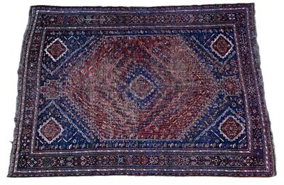 Lot 362 - AN OLD SHIRAZ RUST GROUND SMALL CARPET