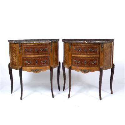 Lot 370 - A MATCHED PAIR OF CONTINENTAL HARDWOOD VENEERED MARBLE TOPPED DEMILUNE SIDE TABLES