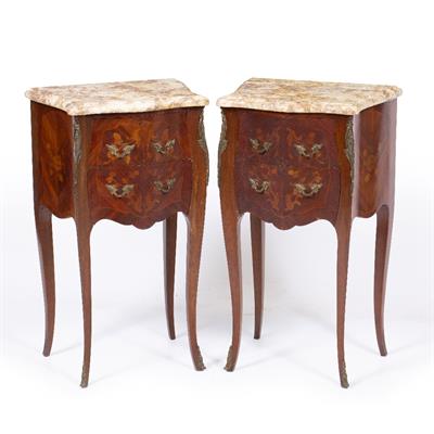 Lot 371 - A PAIR OF CONTINENTAL SERPENTINE MARBLE TOPPED SIDE TABLES