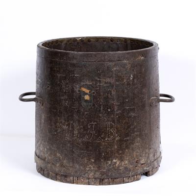 Lot 378 - A 19TH CENTURY CYLINDRICAL IRON BOUND BUSHEL MEASURE