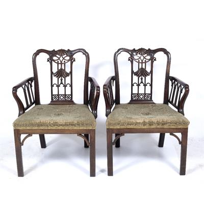 Lot 388 - A LATE 19TH CENTURY MAHOGANY CHIPPENDALE STYLE CHINOISERIE DECORATED ARMCHAIRS