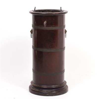 Lot 400 - A TURNED MAHOGANY BRASS BOUND CYLINDRICAL STICK STAND