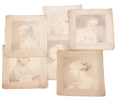 Lot 403 - A SET OF SIX LATE 18TH CENTURY PENCIL AND PASTEL DRAWINGS