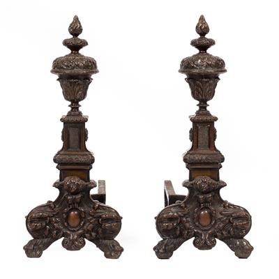 Lot 414 - A PAIR OF 17TH CENTURY STYLE BRONZE FIRE DOGS