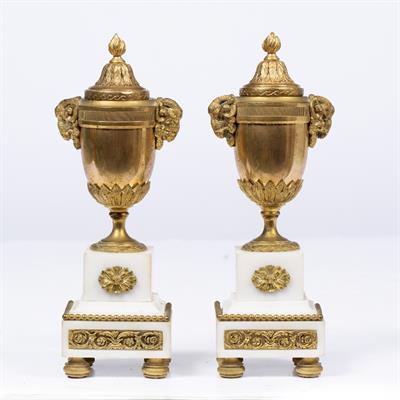 Lot 431 - A PAIR OF 19TH CENTURY ORMOLU AND WHITE MARBLE CANDLE VASES