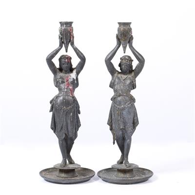 Lot 434 - A PAIR OF SPELTER CANDLESTICKS